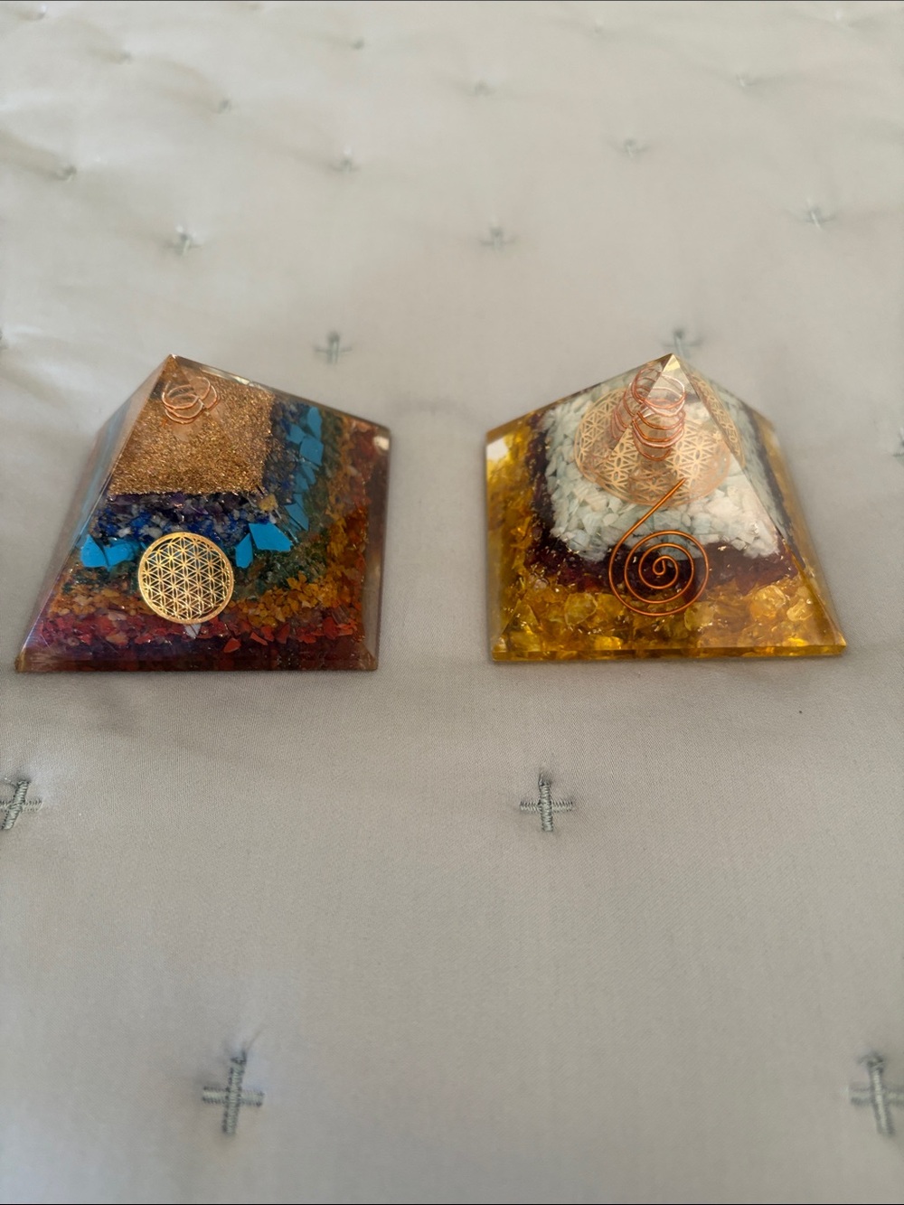 Amber & Multicolor Resin Pyramid Sculpture Duo